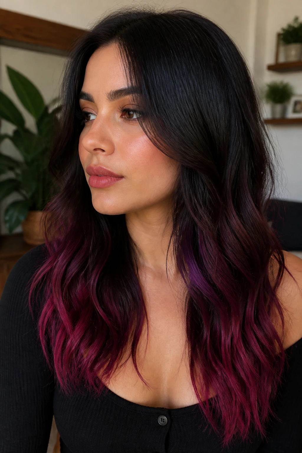 Close-up of a real person with black raspberry dip-dye at the ends