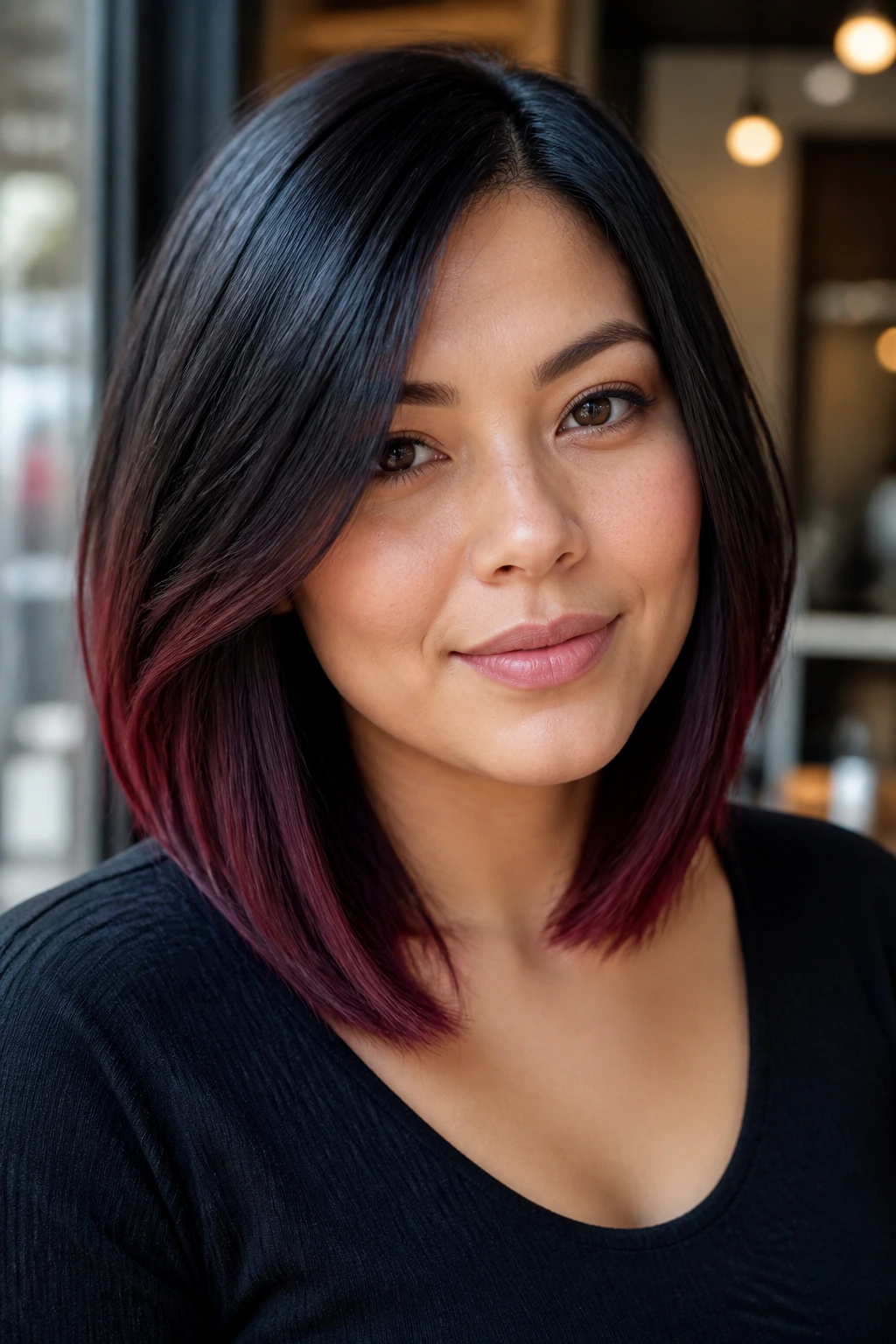 Portrait of a woman with an angled black raspberry lob for round face.