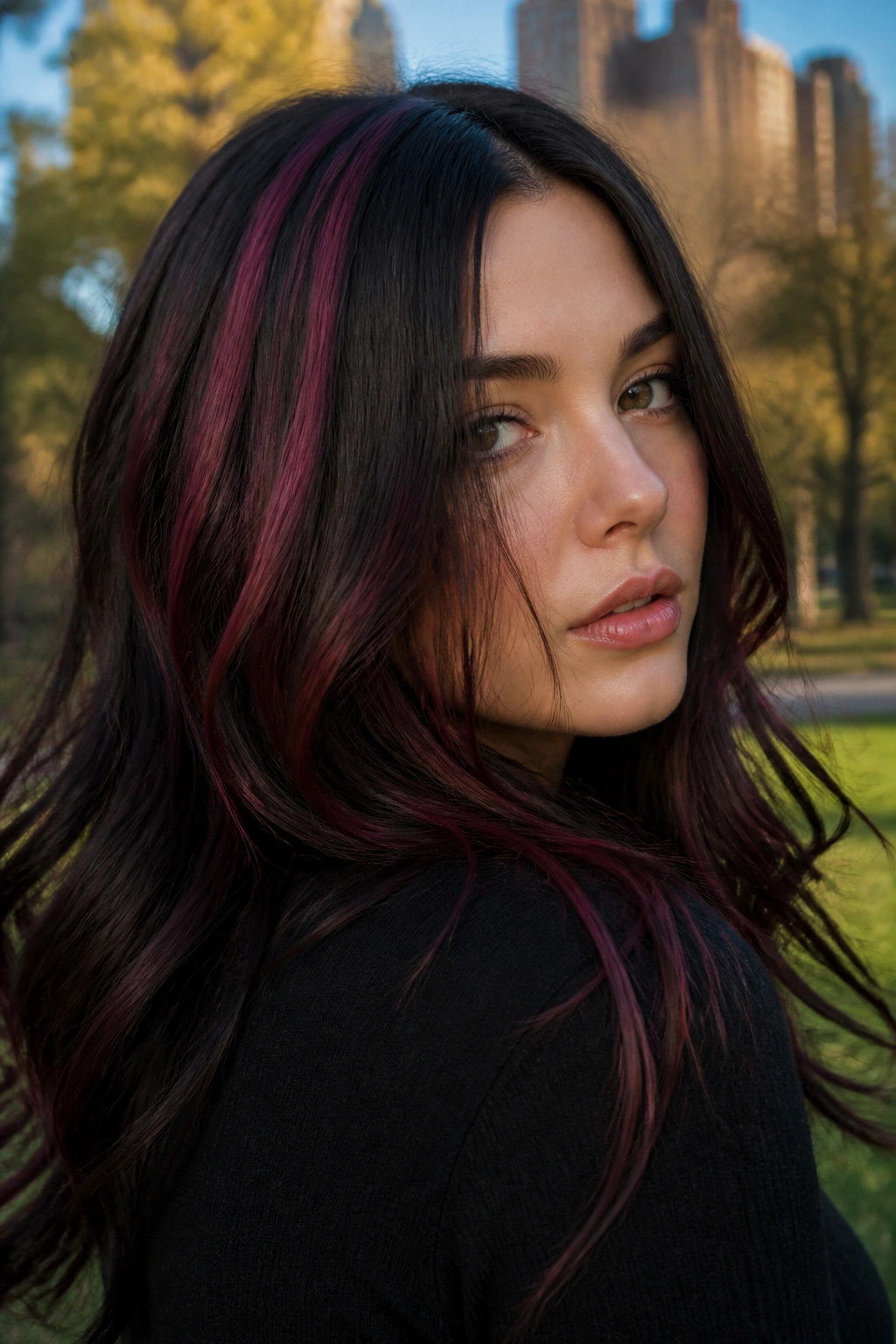 Portrait of a woman with thin black raspberry ribbons woven through her hair.