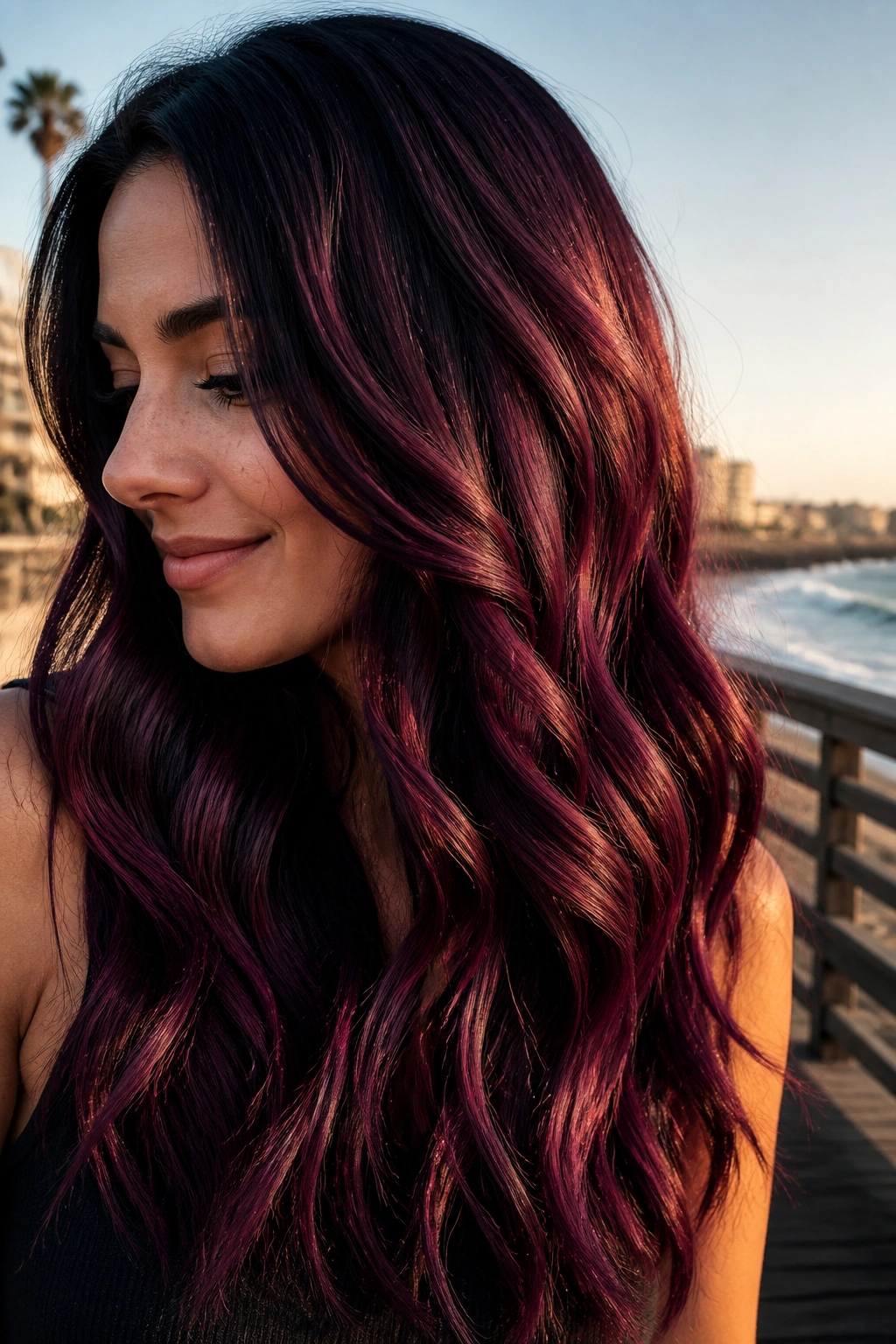 Close-up of a real woman with black raspberry waves hair