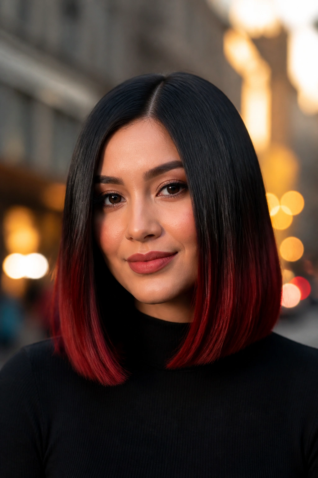 Portrait of a woman with a blunt lob and black-red color at the ends