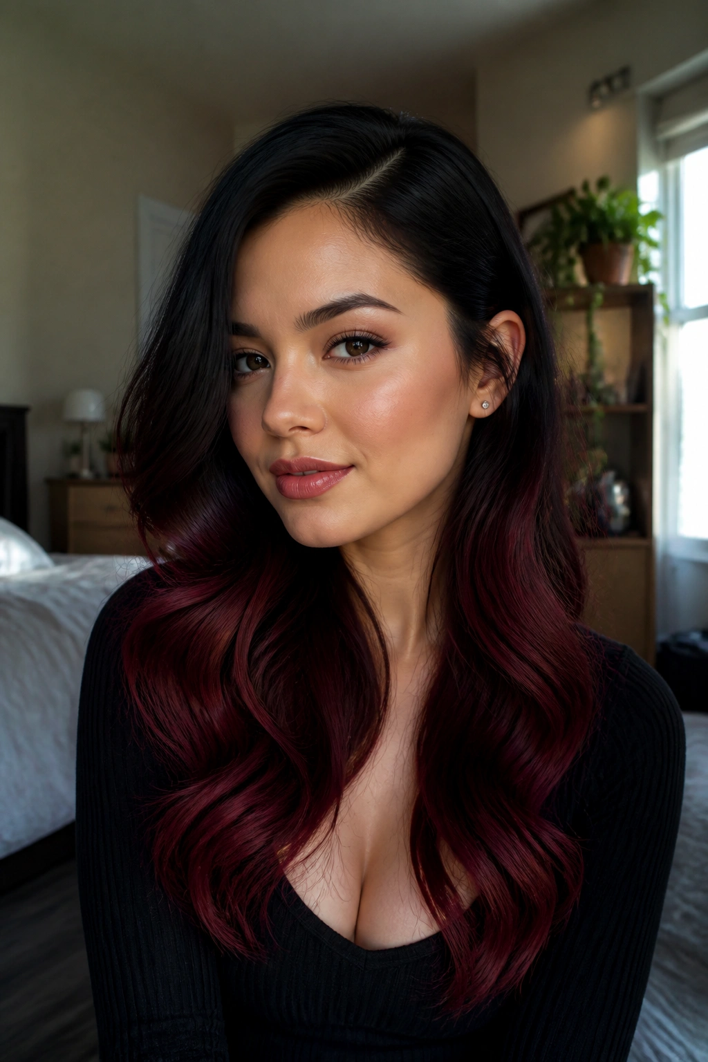 Close-up portrait of a real woman with jet-black roots fading to cherry cola ends in long wavy hair