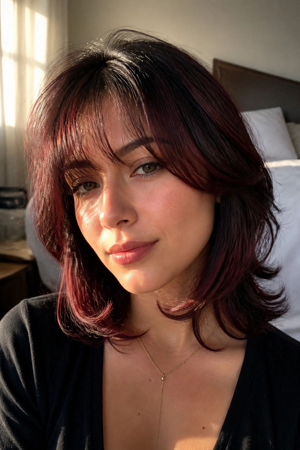 Close-up portrait of a real woman with black-red feathered bangs under warm window light