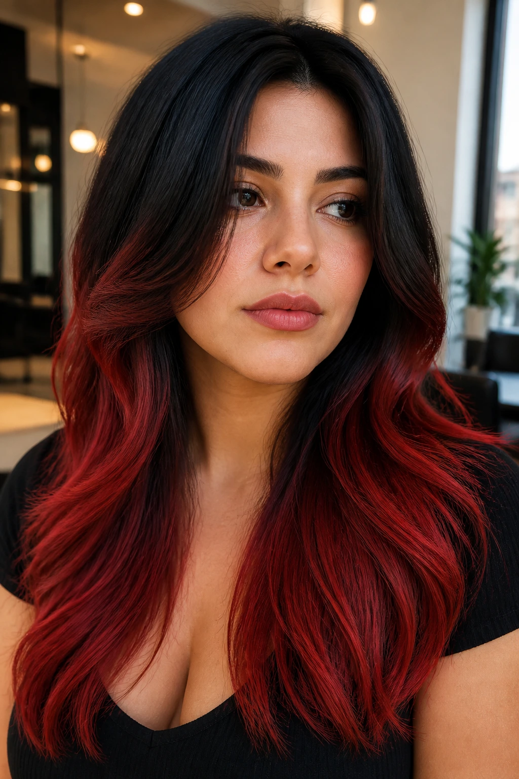 Close-up portrait of a real woman with black to red ombre hair