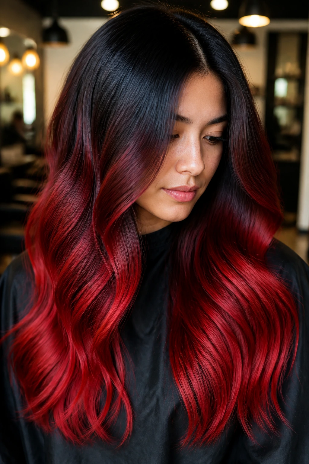 Close-up portrait of a real woman with glossy black to red ombre hair in a salon