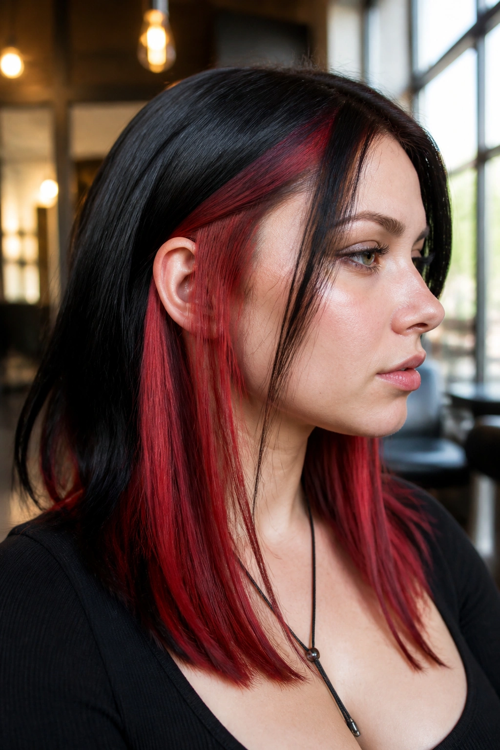 Close-up of a real woman with black hair and vivid red panel highlights along the sides