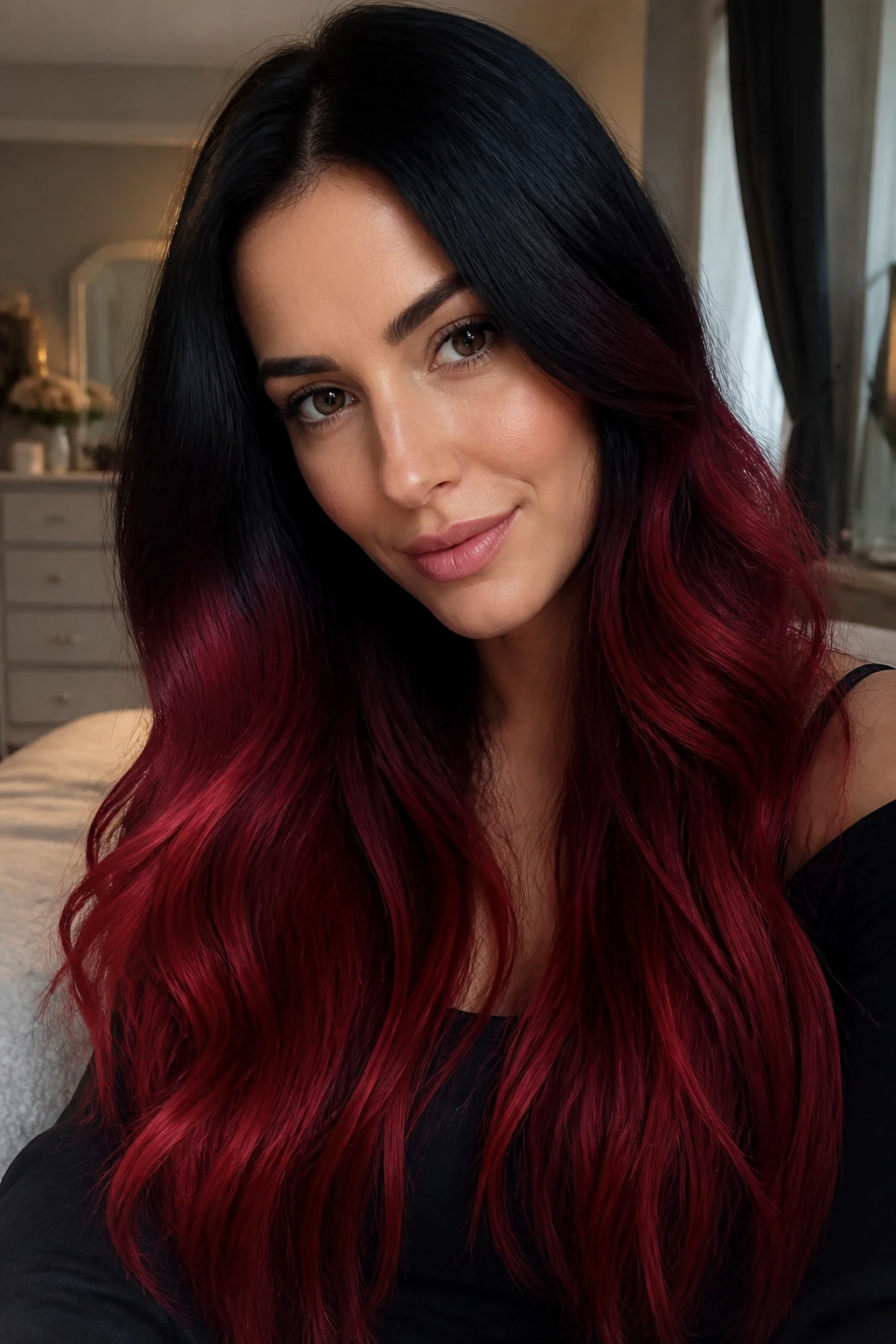 Close-up portrait of a real woman with jet-black roots and cherry-red ends in long hair.