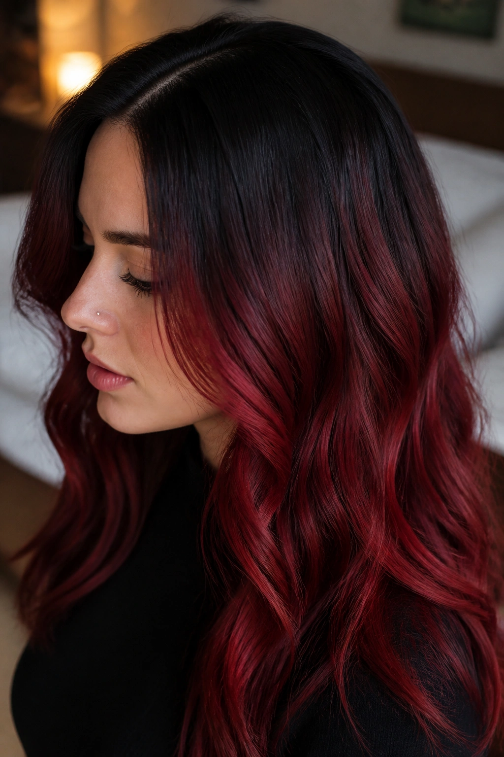 Close-up of a real woman with black roots and red velvet mids