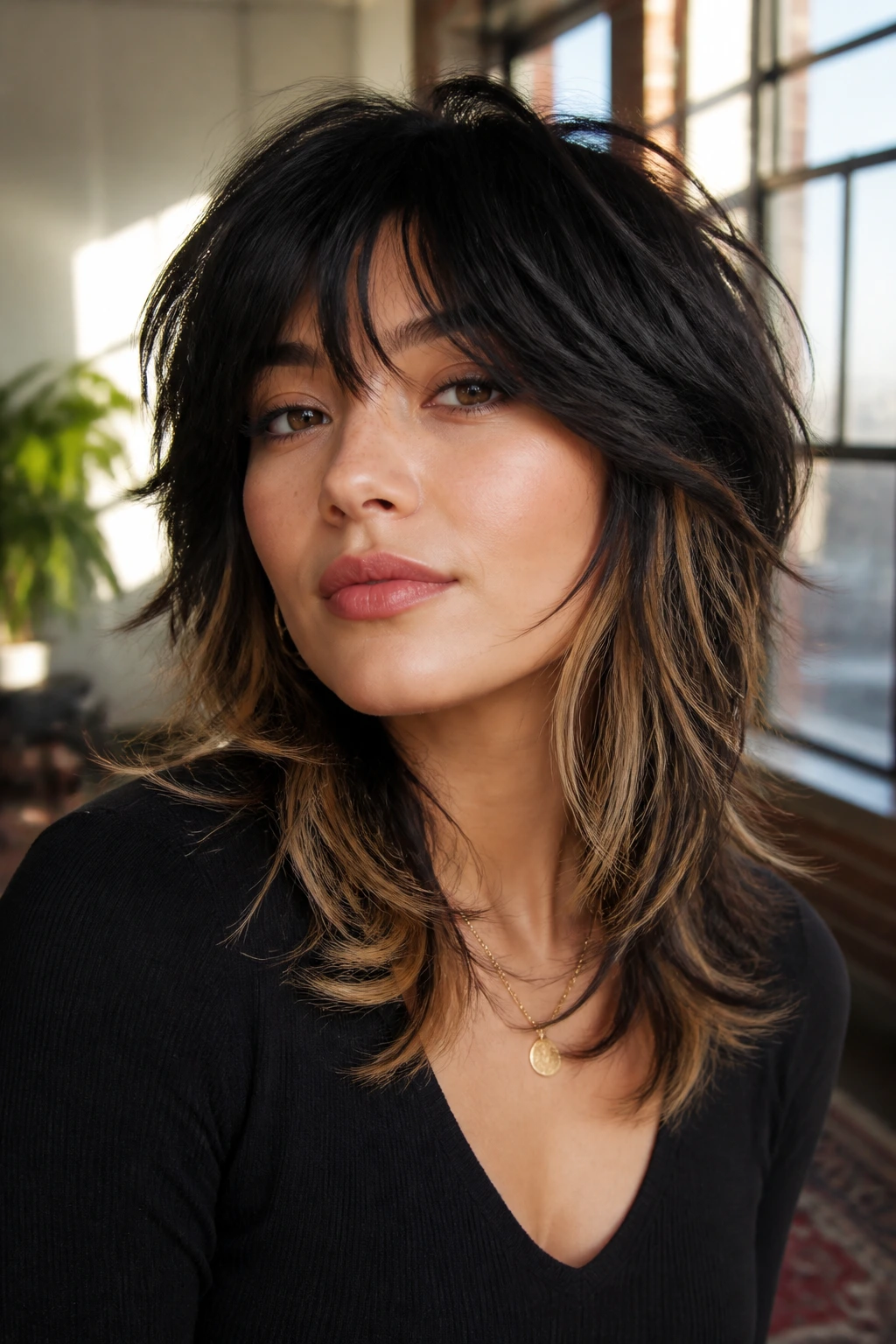 Portrait of a woman with an inky black shag and honey blonde feathering