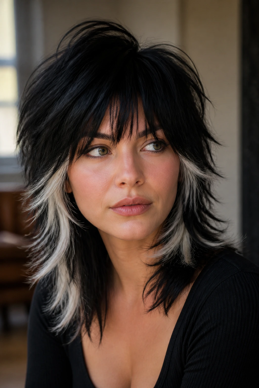 Close-up of a real woman with a black shag featuring white interior layers