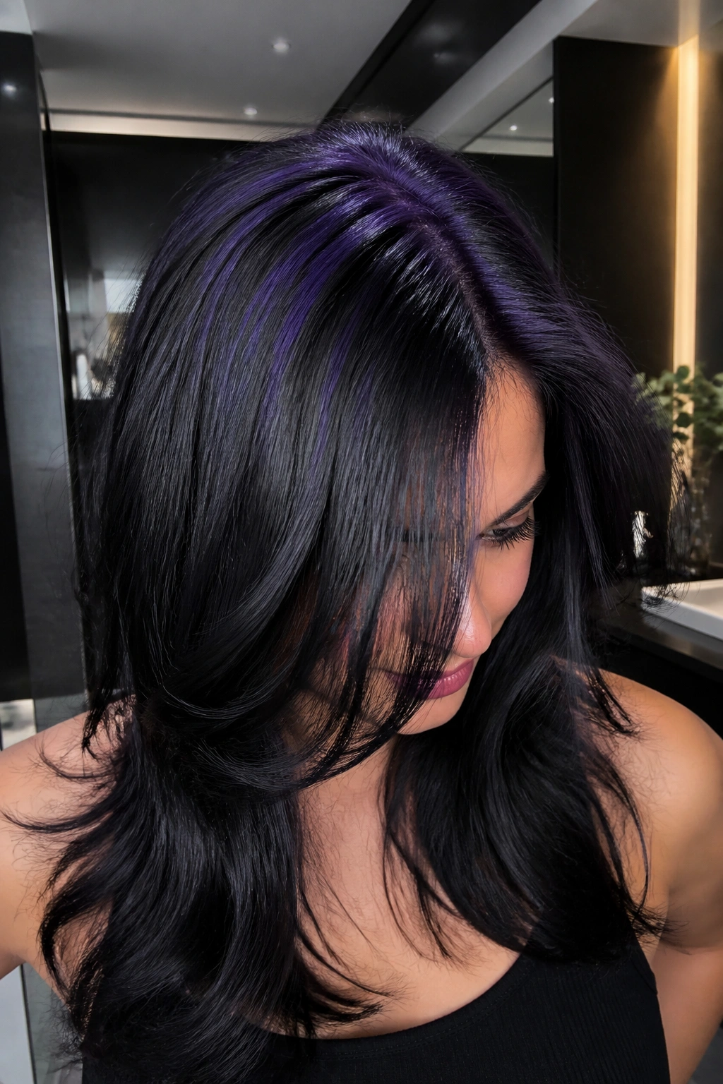 Woman with black silk hair and purple crown lights