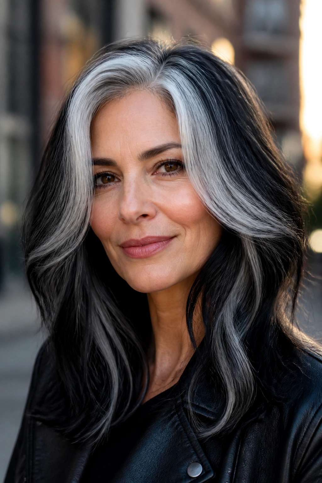 Close-up of a real woman with black base and silver panels hair in natural light
