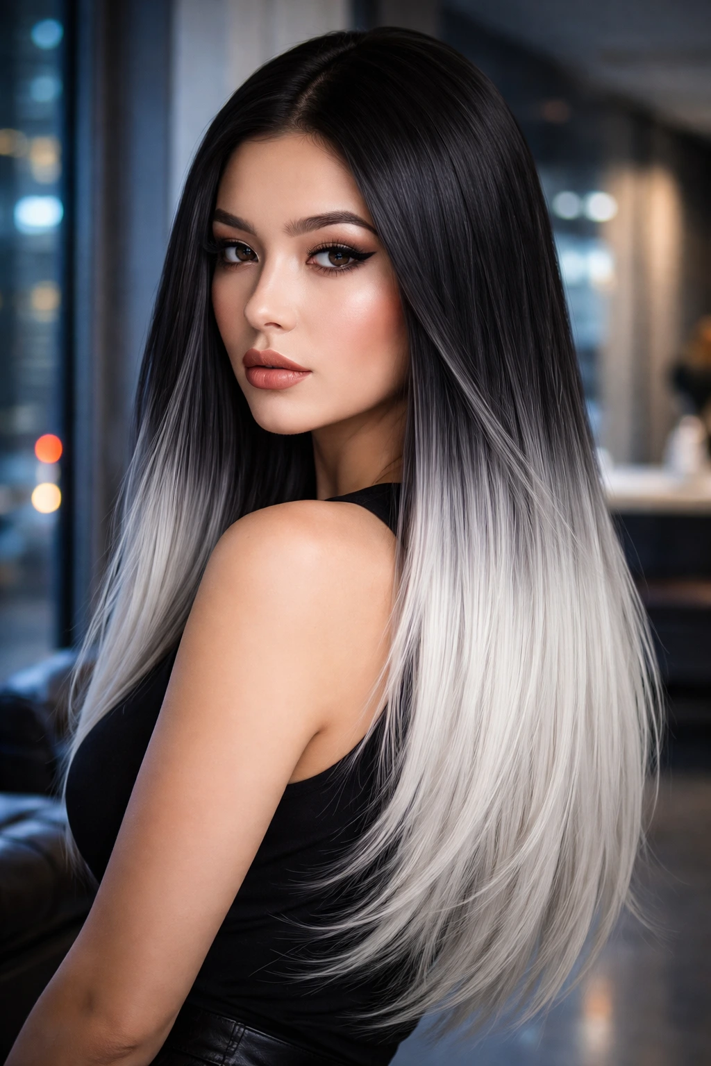 Close-up portrait of a real person with black-to-silver ombre hair.