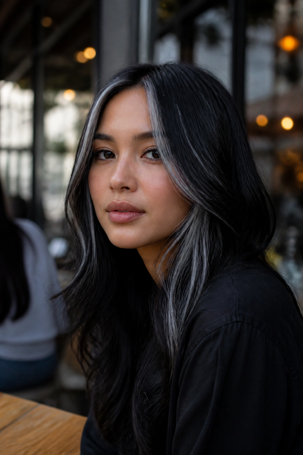 Real woman with black hair and silver streak accents framing the face.