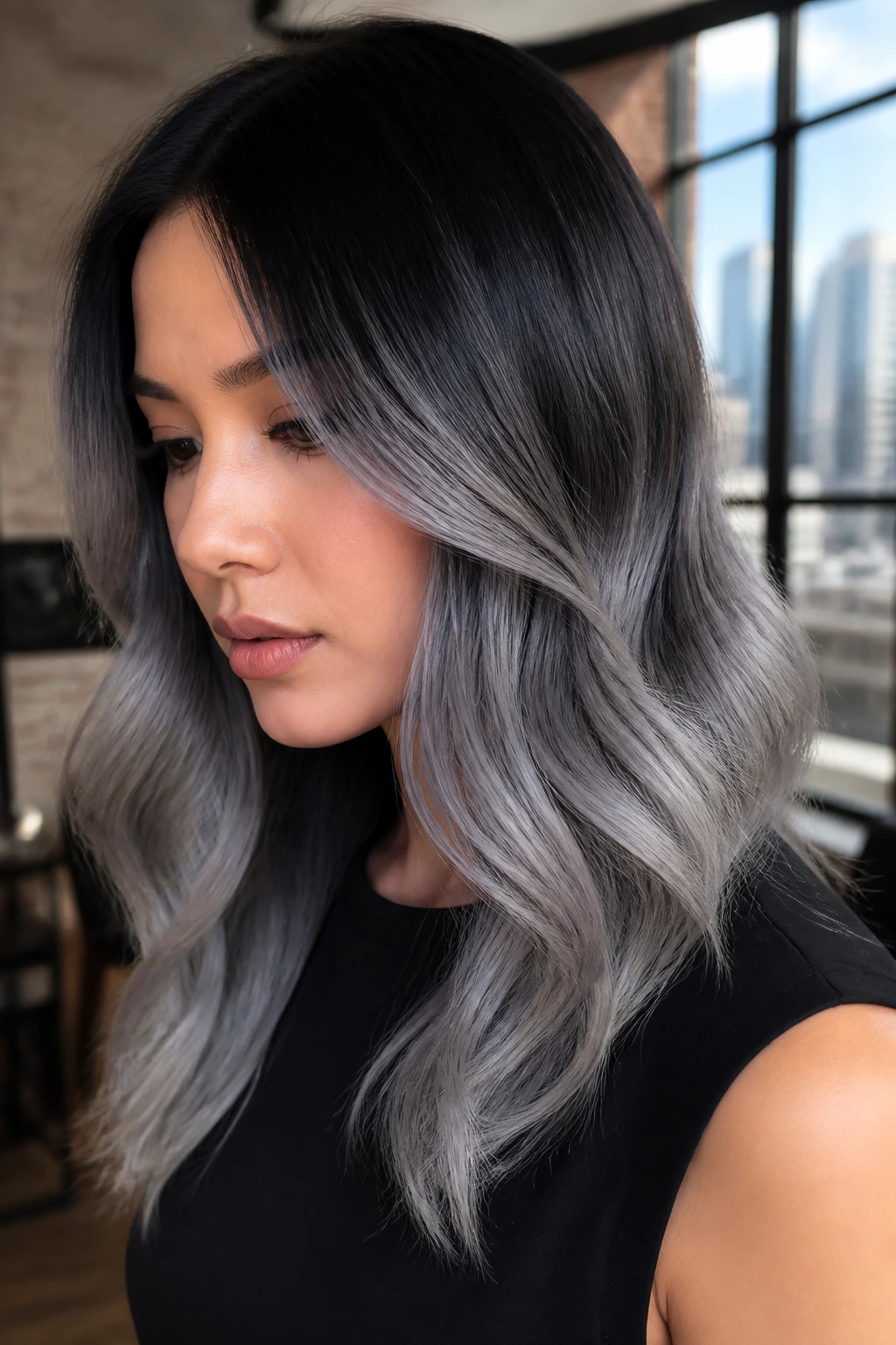 Close-up of a real person with a black-to-steel gradient in the hair