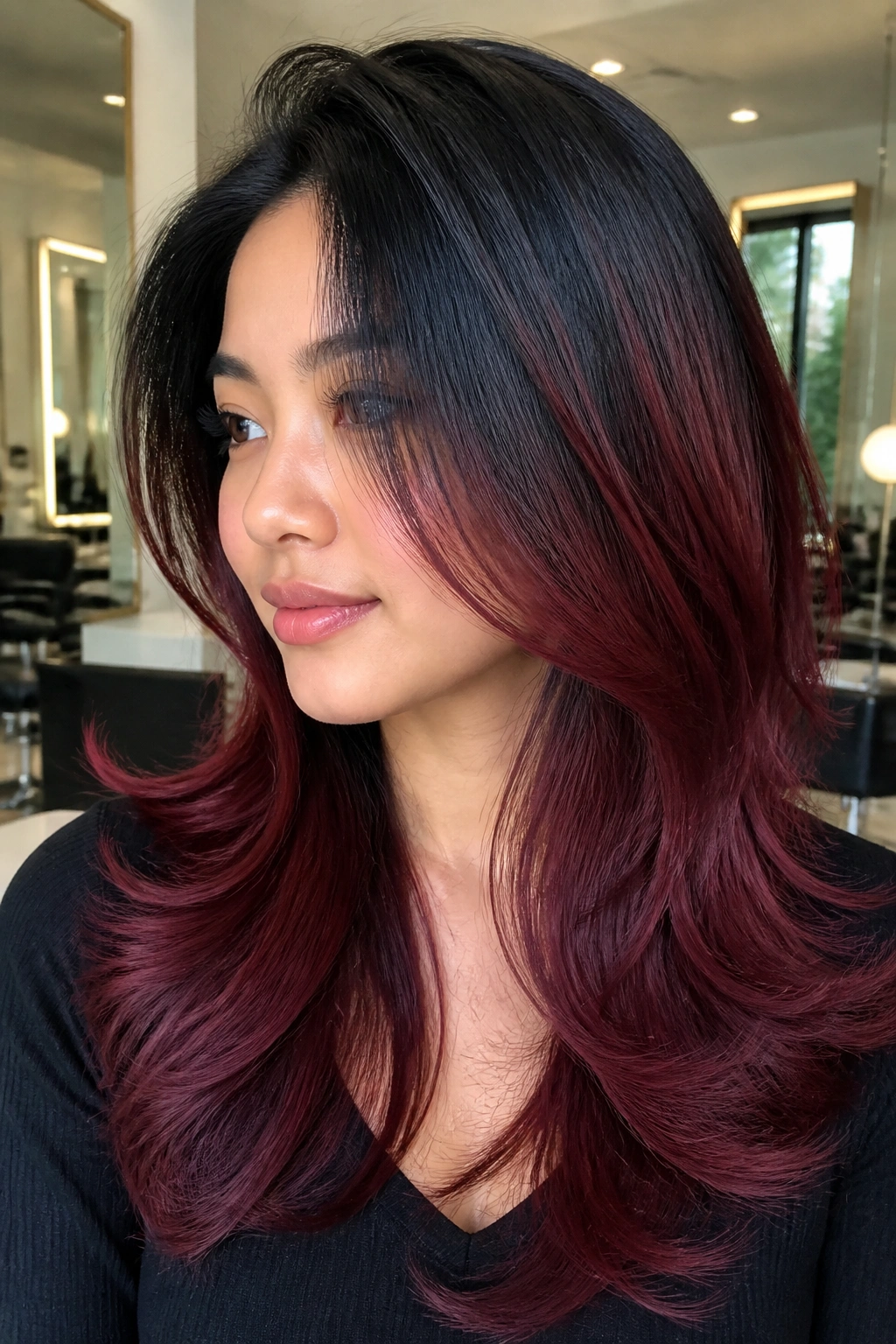 Close-up of a real woman with black-to-burgundy blowout layers.