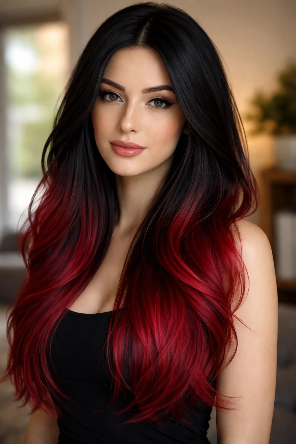 Close-up portrait of a real woman with black to crimson ombre hair