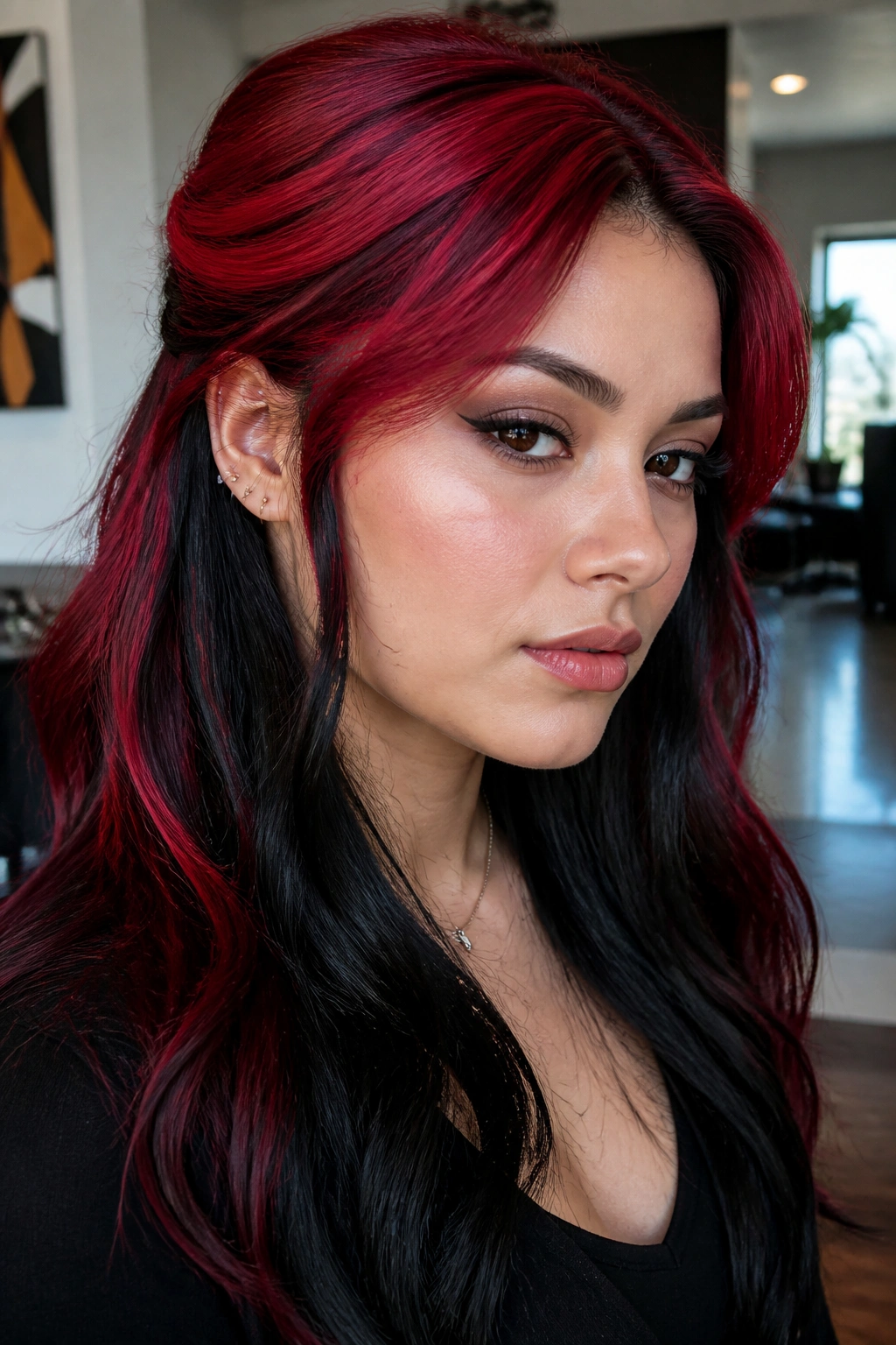 Close-up of hair with black underlights and fire-red top pieces