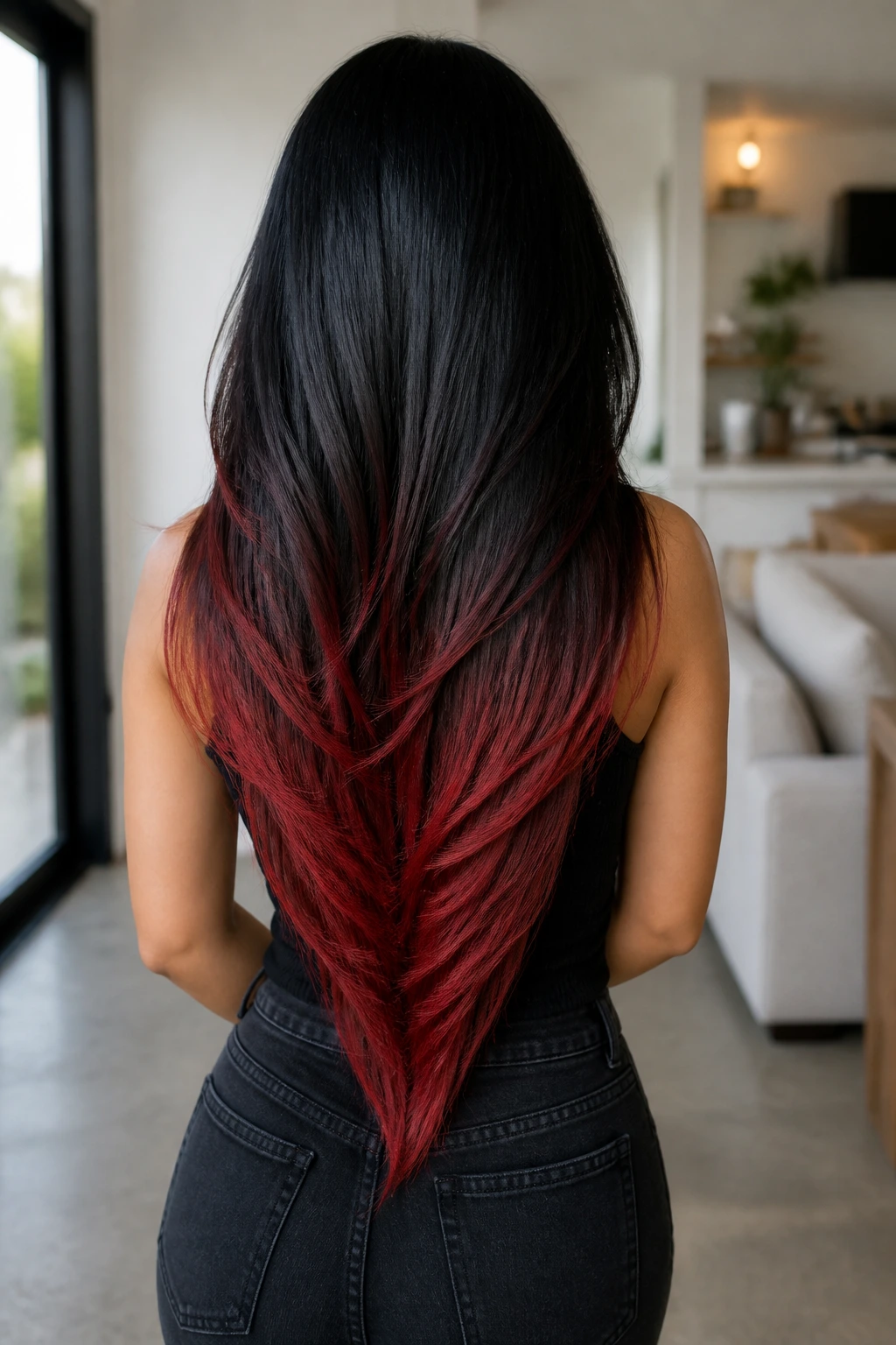 Back/three-quarter view of long hair with V-cut layers and gradual red fade