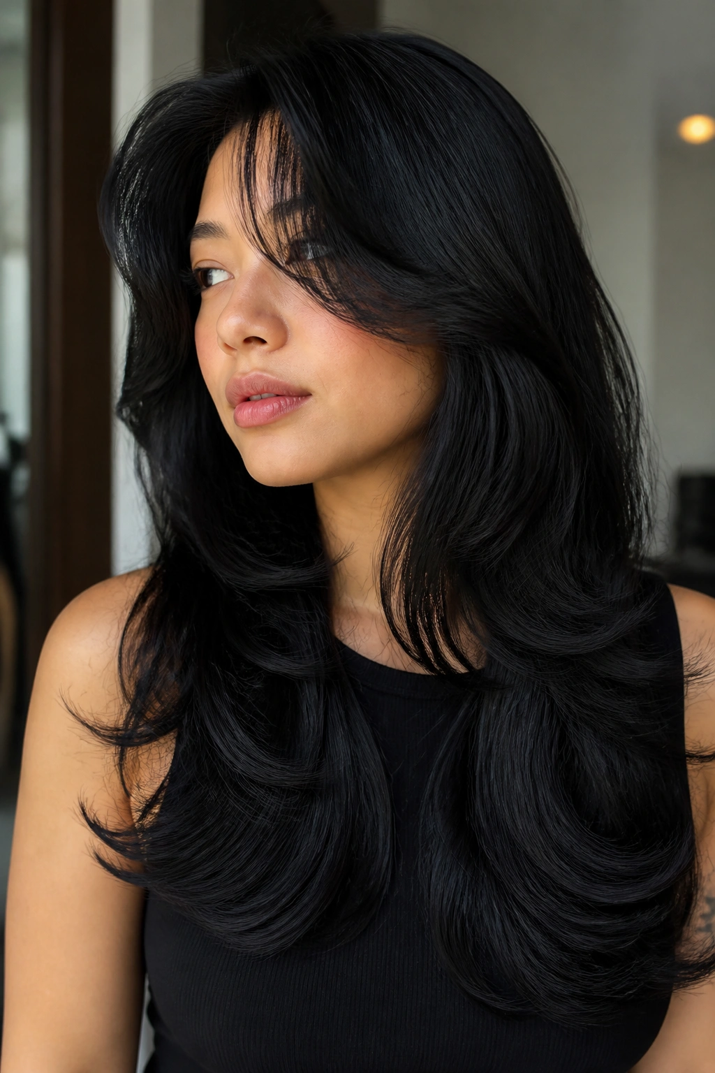 Close-up of a woman with glossy black hair in butterfly layers