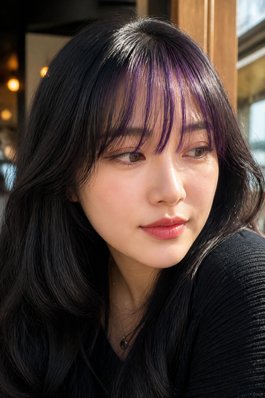 Portrait of a woman with black hair and grape-tinted soft bangs
