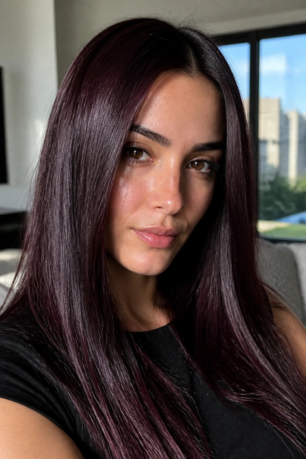Portrait of a real woman with near-black burgundy hair and violet sheen in bright light