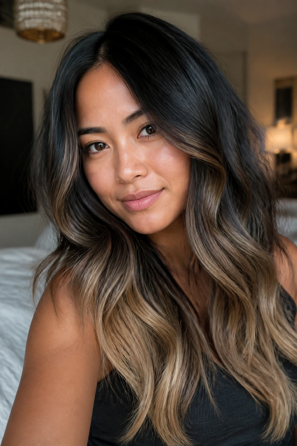 Real woman with deep black waves and mocha to blonde melt