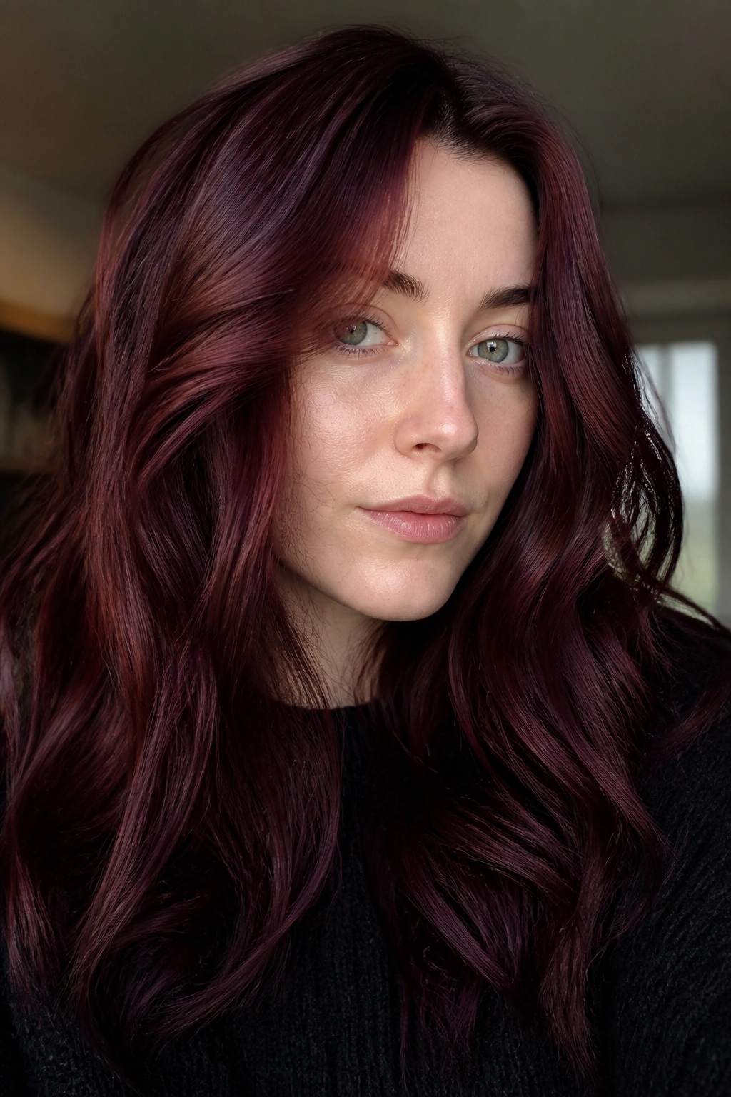 Close-up portrait of a real person with blackberry auburn hair on cool skin.