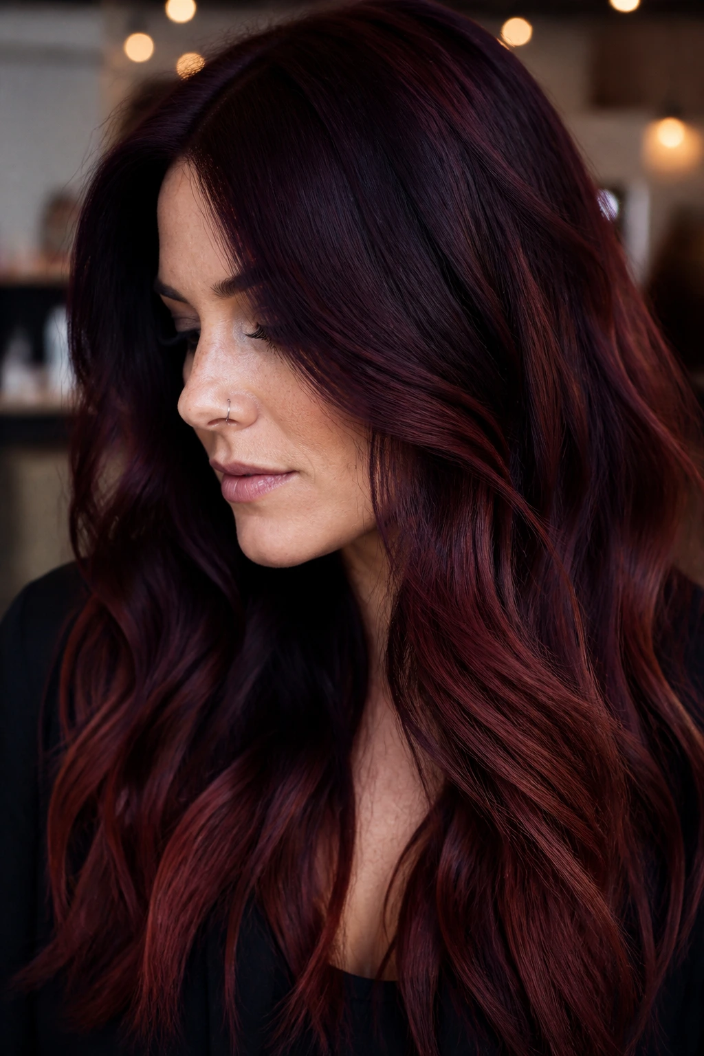 Close-up portrait of a real person with blackberry auburn melt hair