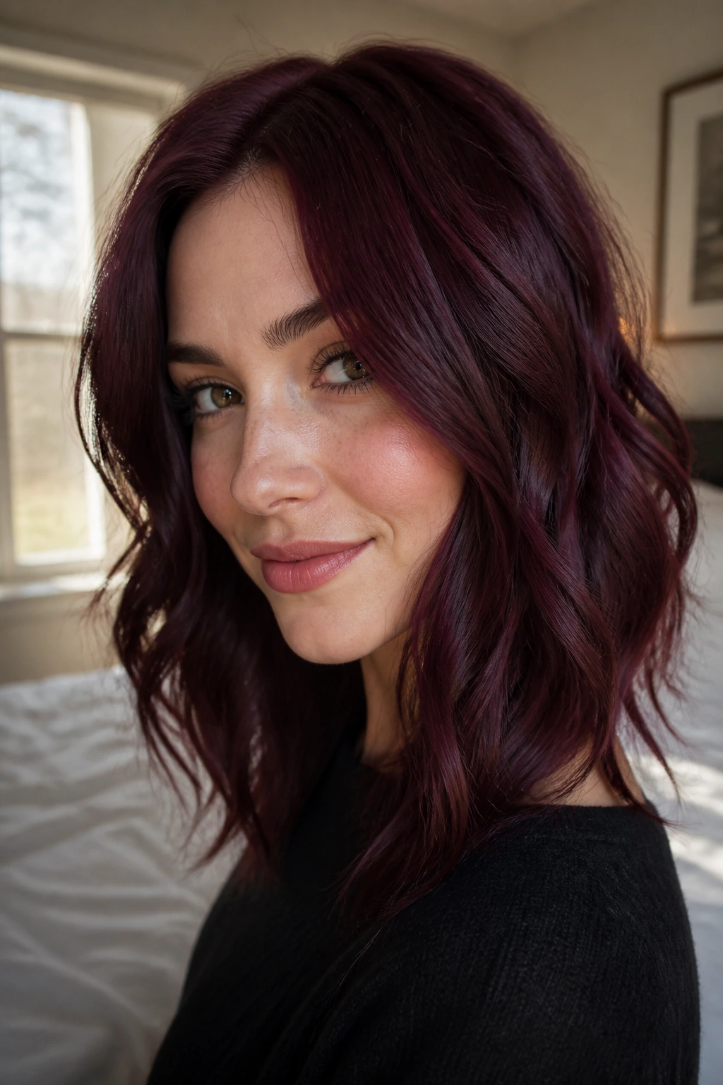 Close-up of a real woman with blackberry auburn waves in soft window light.