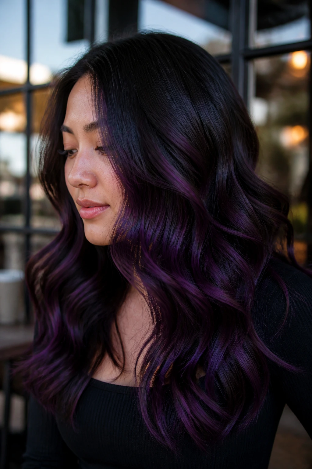 Medium close-up of a real person showing blackberry purple balayage ribbons through dark brunette hair.