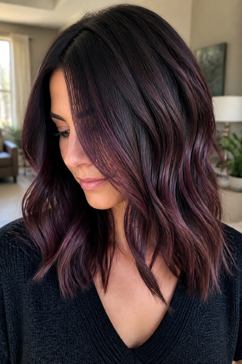 Shoulder-length hair with blackberry brown balayage close-up on a real person