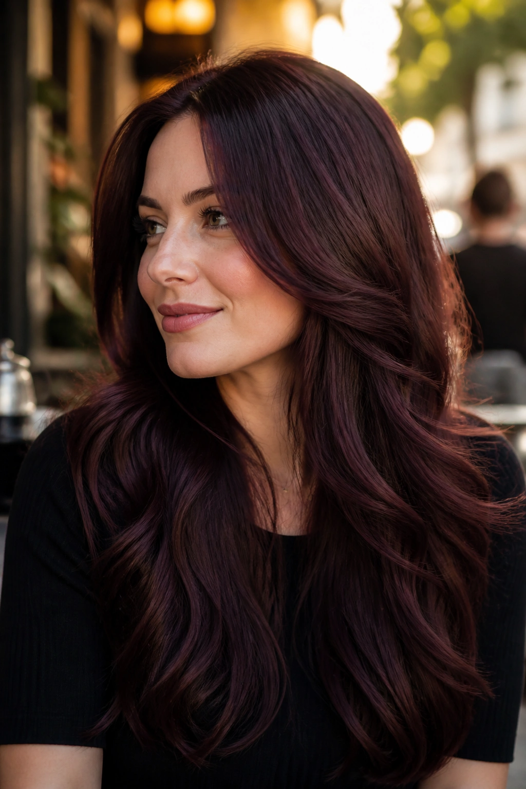 Close-up portrait of a real woman with blackberry brown hair in outdoor cafe light