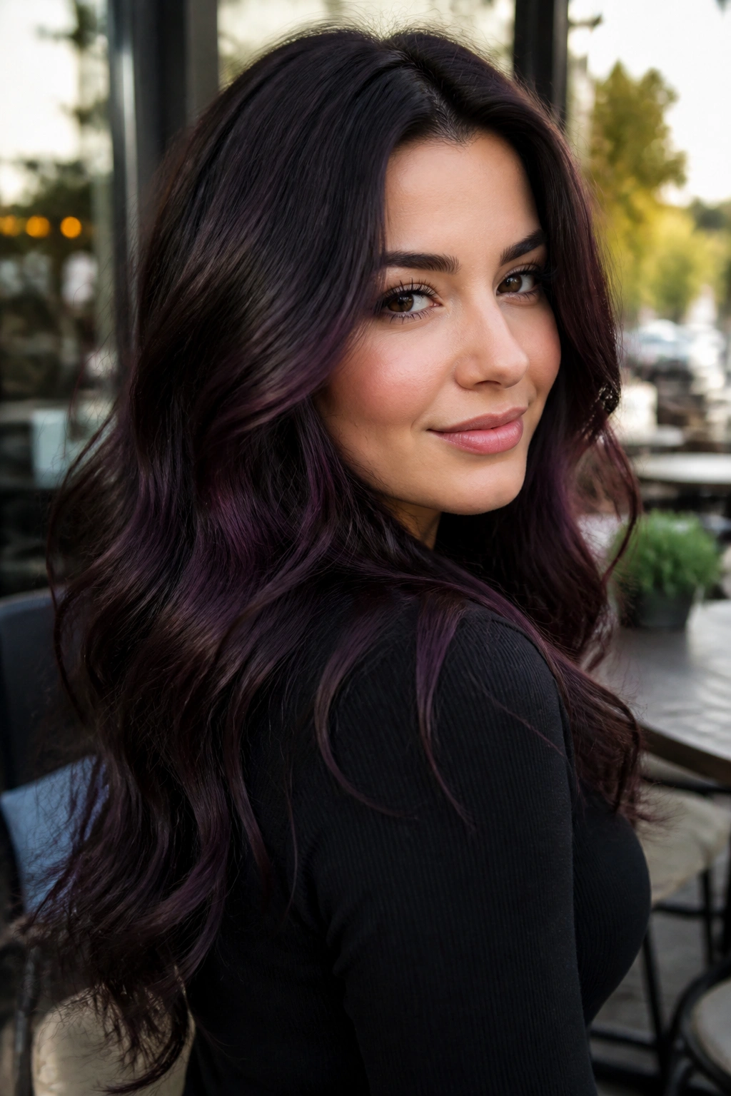 Close-up of blackberry brunette hair with berry-violet depth.