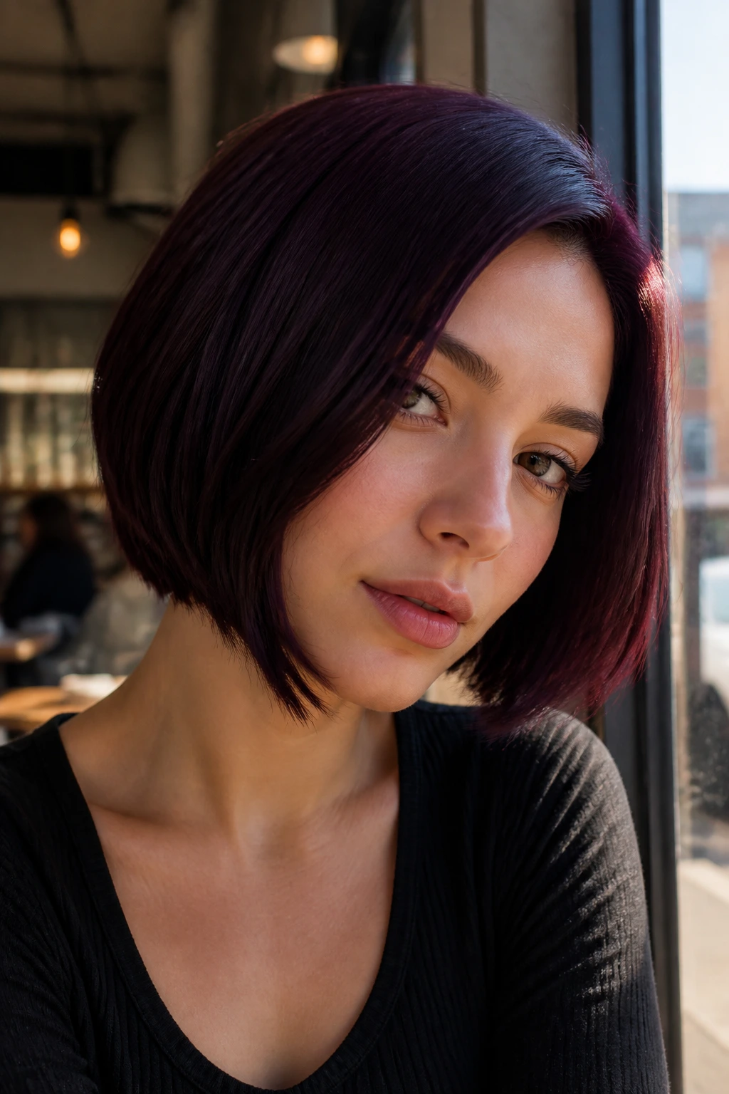 Portrait of a real woman with a blackberry brunette bob.