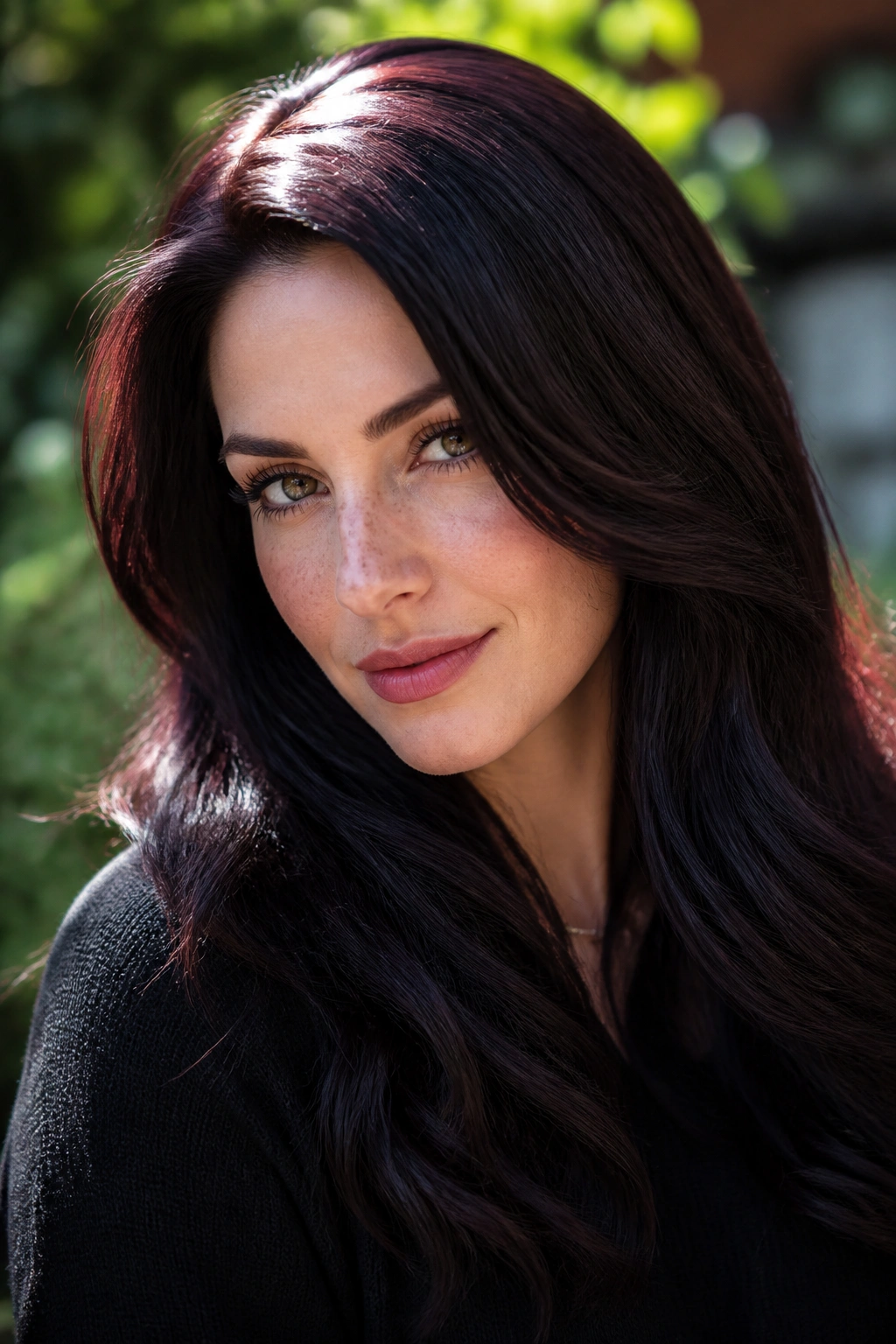 Portrait of a real person with blackberry brunette hair showing berry sheen in sunlight.