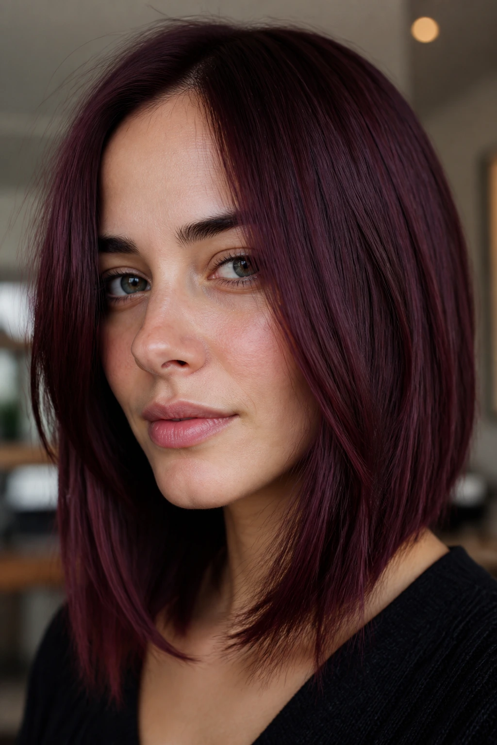 Close-up portrait of fine hair in blackberry burgundy color on a cool-toned skin person