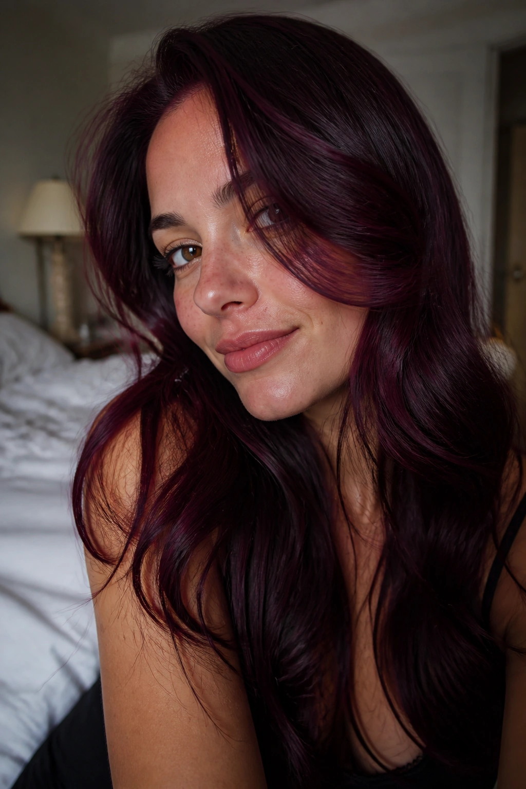 Close-up of a real person with blackberry burgundy hair in a cozy bedroom under soft window light.