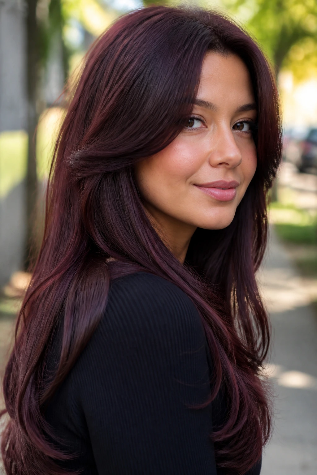 Close-up of a real person with blackberry burgundy hair and long face-framing layers.