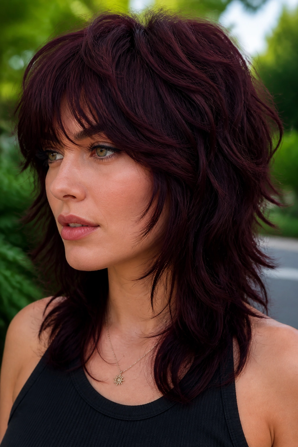 Portrait of a woman with blackberry burgundy shag hairstyle
