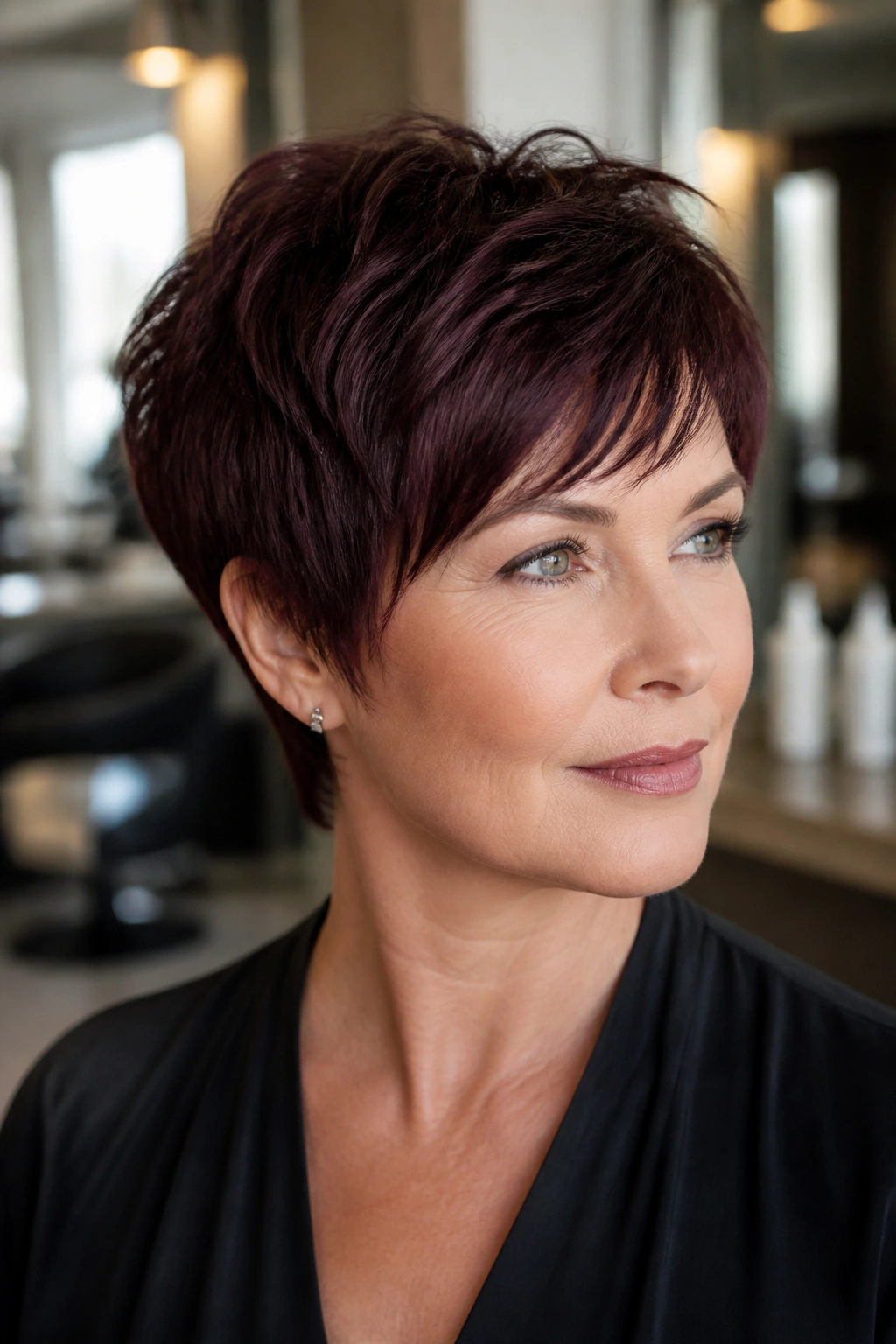 Real person with blackberry cherry pixie cut featuring dimensional plum tones