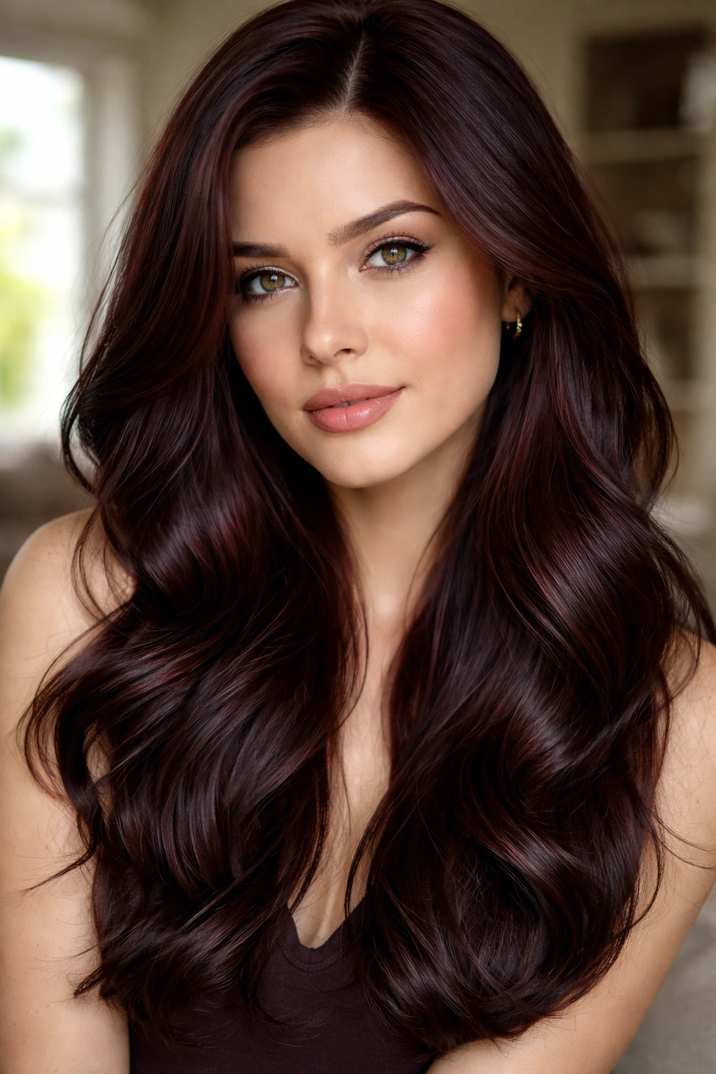 Close-up portrait of a real woman with blackberry chestnut glossy hair