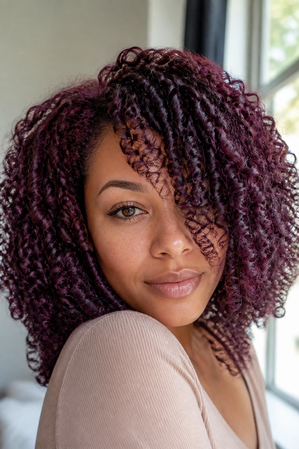 Close-up of real person with blackberry curl tint on textured curls