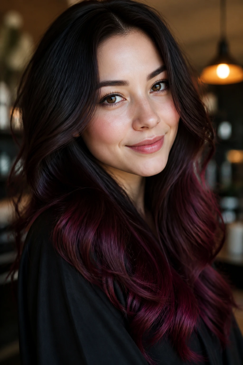 Long hair with dark roots and blackberry ends on a real person