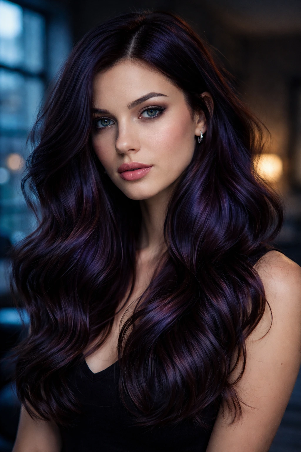 Close-up portrait of a real person with blackberry hair featuring purple-blue undertones in a moody indoor setting.