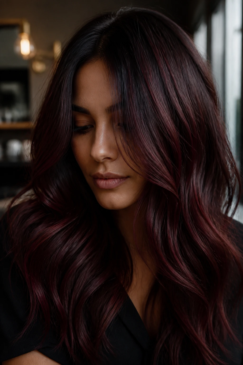 Brunette with blackberry red lowlights in interior layers