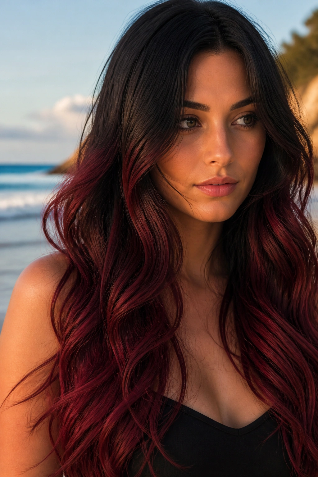 Close-up of blackberry-red mermaid waves on long hair
