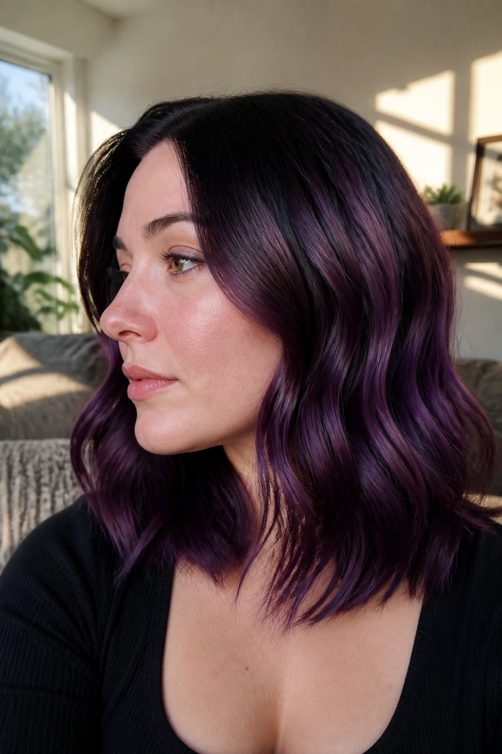 Close-up portrait of a woman with blackberry root smudge hair color
