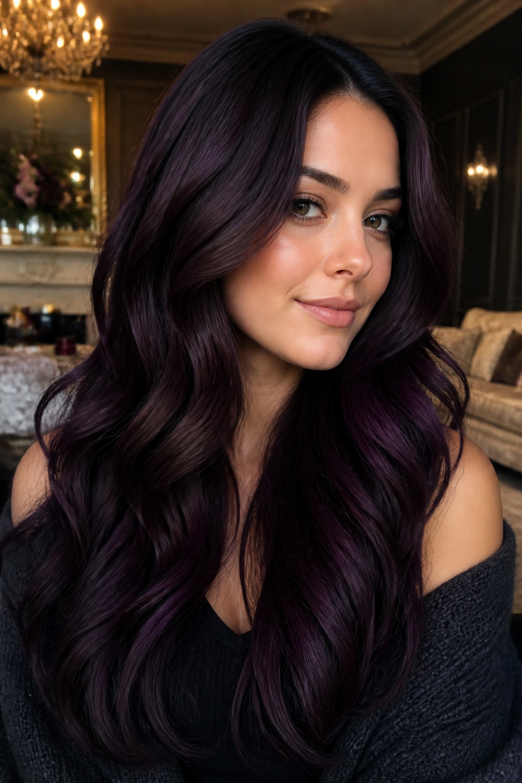 Close-up of a real woman's long blackberry violet silk waves with high shine