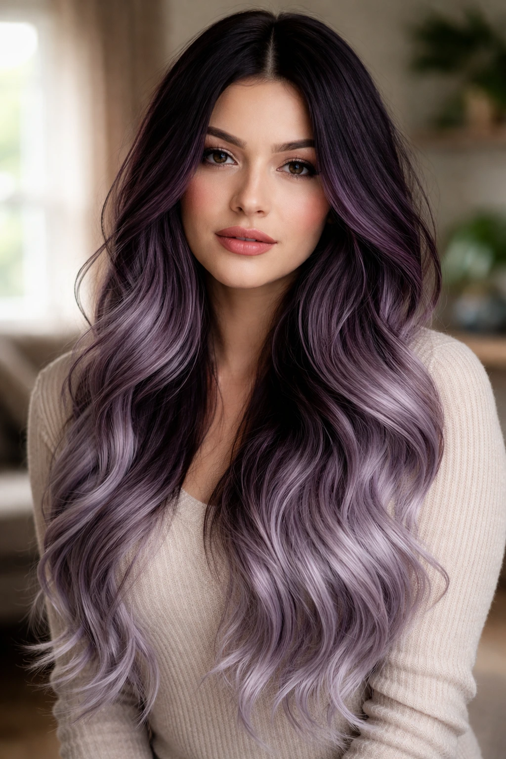 Real person with blackberry to silver melt hair color in soft daylight.